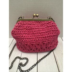 Sun ‘N’ Sand Hot Pink Kisslock Woven Shoulder Bag/Purse Chain 9x6x4” VGUC